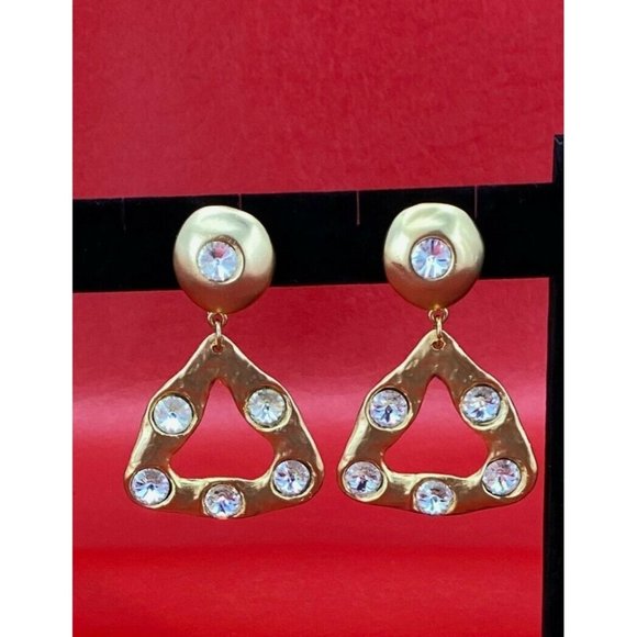 Norma Jean Jewelry - Vintage Norma Jean Large Triangle Etruscan Rivoli Matte Gold Tone Clip Earrings